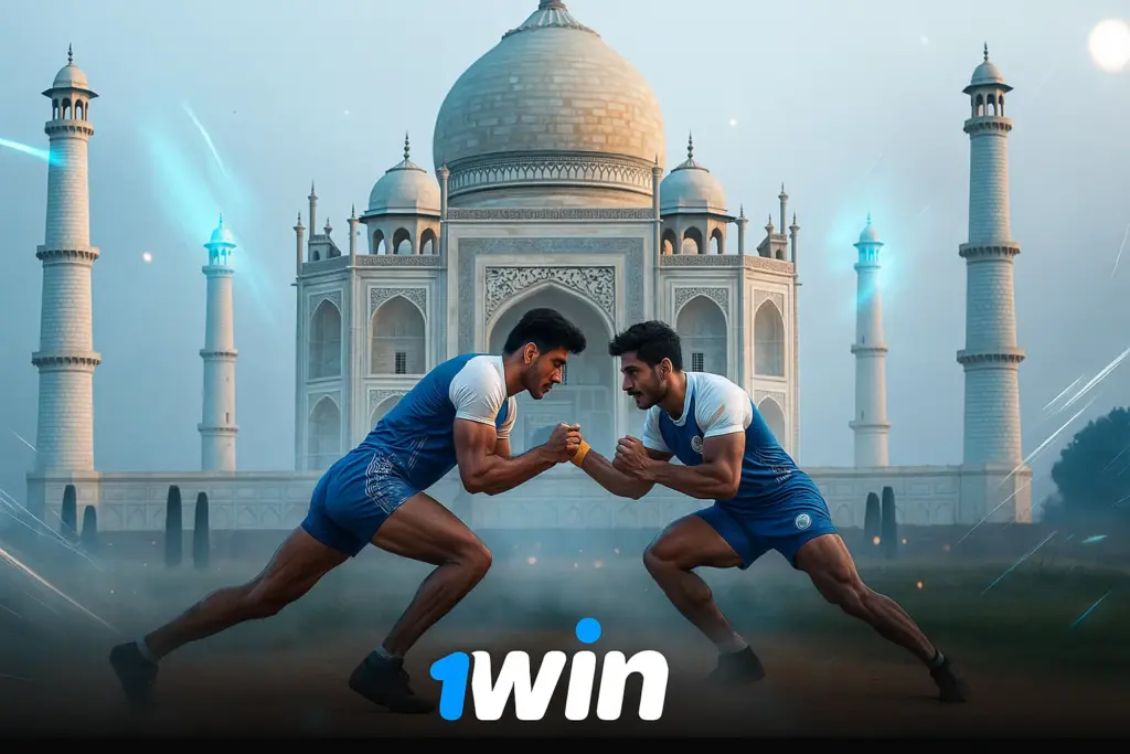 1win India banner featuring two athletes wrestling in front of the Taj Mahal with dynamic lighting effects.
