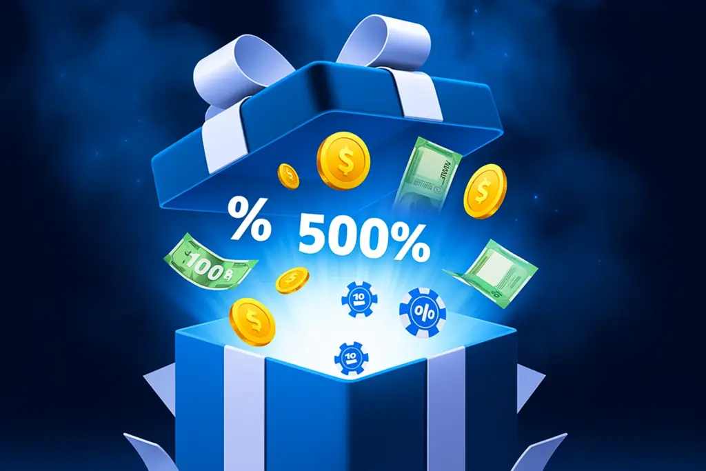 Bonus promotion graphic with a glowing blue gift box releasing coins, cash, chips, and a large 500% symbol.